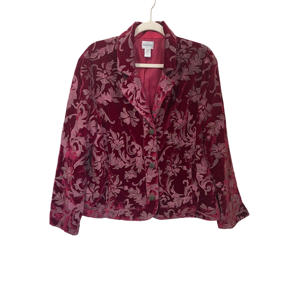 Chicos Vintage Velvet Blazer Size 3 XL Burgundy Metallic Floral Damask Jacket
